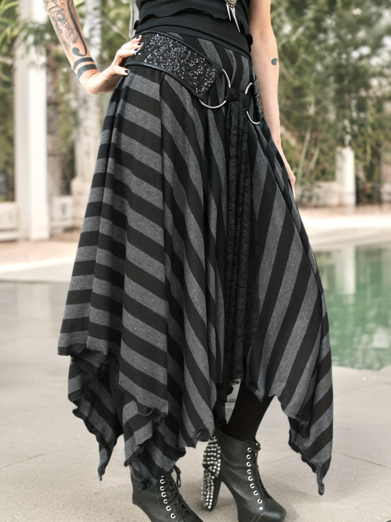 Comfortable Midi Skirt Comfortable Polyester Blend Women's High-Waist Striped Midi Skirt | Asymmetrical Hem Skirt | Layered Design Skirt - Black & White Vertical Stripes, Elastic Waistband, Perfect for Casual Attire, Versatile Midi Skirt