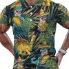 Men’S Tropical Dinosaur & Beach-Themed Short Sleeve Shirt – Casual Button-Up with 3D Print, Lightweight Polyester Blend, Ideal for Golf & Outdoor Activities