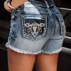 Womens Raw Hem Denim Shorts Casual High Waist Back Embroidery Jean Shorts with Pockets
