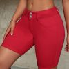 Plain Red Double Buttons Skinny Fit Stretchy Bermuda Denim Shorts, Women’s Denim Jeans & Clothing