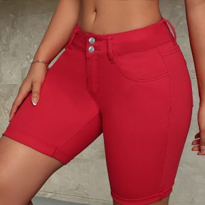 Plain Red Double Buttons Skinny Fit Stretchy Bermuda Denim Shorts, Women's Denim Jeans & Clothing