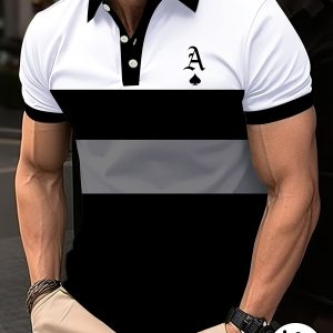 Men's Summer Striped Shirt - Quick-Dry, Casual Short Sleeve with Button-Up Collar, Black & White Vertical Stripes, Digitally Printed, Lightweight & Breathable for Golf or Tennis