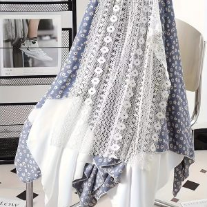 Chic Skirt Light Blue Floral Skirt, Chic Mid-Length Irregular A-Frame Design | Contrast Lace Detail - Versatile All-Season Fashion Accessory