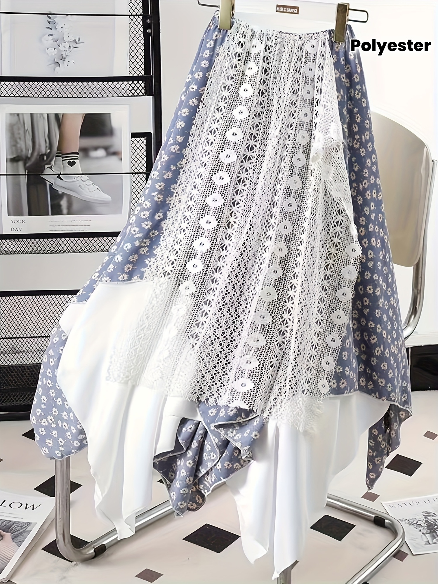 Chic Skirt Light Blue Floral Skirt, Chic Mid-Length Irregular A-Frame Design | Contrast Lace Detail - Versatile All-Season Fashion Accessory
