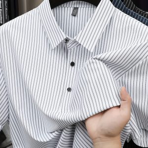 Men'S Casual Striped Short Sleeve Polo Shirt - Summer Fashion, Button-Up Design, Non-Stretch Fabric, Ideal for Casual Attire, Summer Casual Wear | Classic Polo Style | Buttonup Shirt