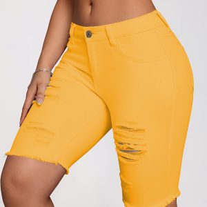 Trendy And Versatile Summer Yellow Ripped Fringe Shorts