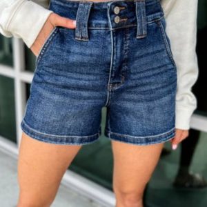 2025 Summer Women's High Waist Stretch Denim Shorts - Double Button Vintage Design, Machine Washable Dark Blue Solid Color for Casual Daily Wear