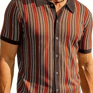 Men's Slim-Fit Striped Knit Shirt - Casual Short Sleeve with Button Detail, Breathable Viscose Blend, Machine Washable