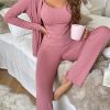 Women’s Sweet Three-piece Set Simple Soft and Comfortable Fashionable Suspender Long Pants Over-the-Knee Nightgown Pajamas 3pcs Set