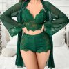 4pcs set of Women’s sexy solid color mesh patchwork lace pajamas, semi transparent lace trimmed pajamas, comfortable pajamas