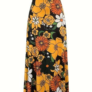 Women'S Retro Floral Print Maxi Skirt - Vibrant Orange & White Flowers on Black, Lightweight Machine-Washable Fabric, High-Waisted Design for Springu002FSummer Casual Wear, Perfect for Mother'S Day or Vacation, Floral Print Skirt
