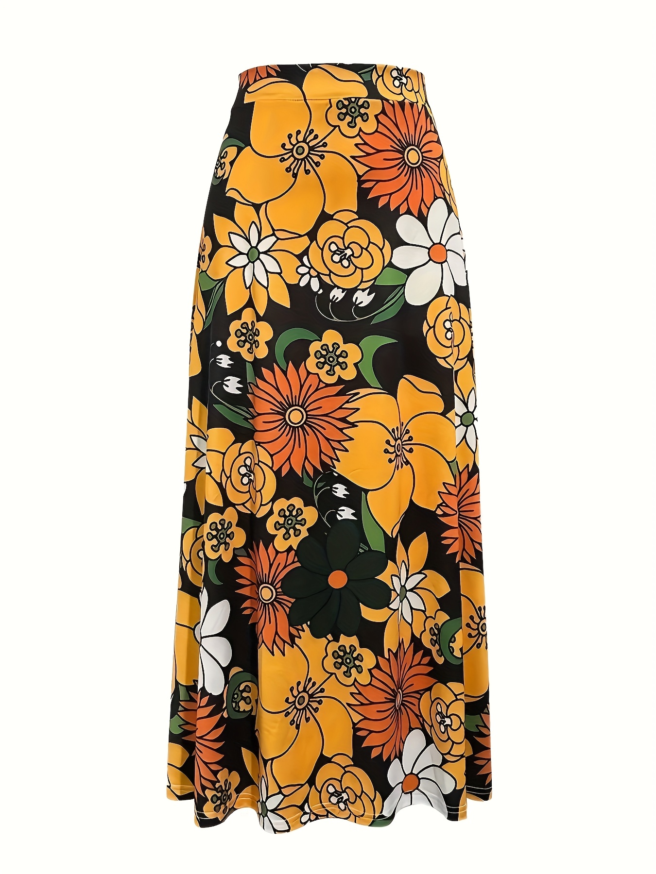 Women'S Retro Floral Print Maxi Skirt - Vibrant Orange & White Flowers on Black, Lightweight Machine-Washable Fabric, High-Waisted Design for Springu002FSummer Casual Wear, Perfect for Mother'S Day or Vacation, Floral Print Skirt