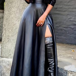 Long Length High Waist PU Leather Split Skirt - Elegant, Micro Elastic, Slit Hem, Machine Washable, Solid Color - Perfect for Spring & Summer, Womens Casual Wear