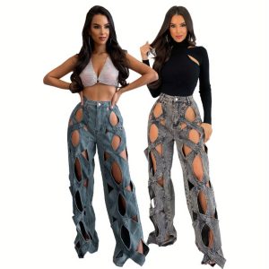 European and American Women's clothing elastic denim fabric, personality twist cutout, loose large straight-leg jeans